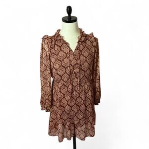 Ruffle Neck Long‎ Sleeve Sheer Mini Dress Brown Patterned